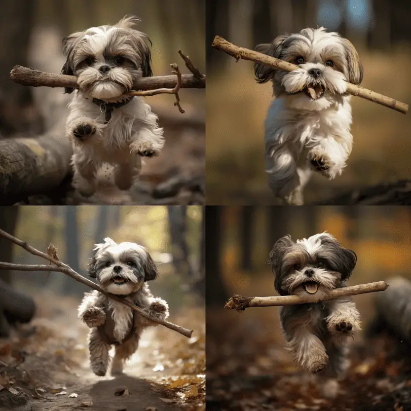4 Shih Tzu's fetching a stick